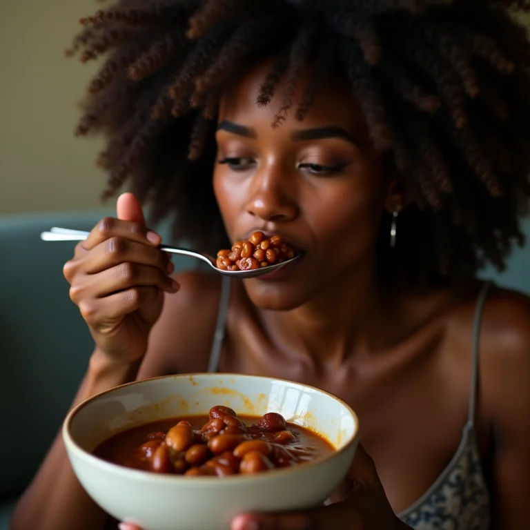 Mulher negra sorrindo comendo feijoada.