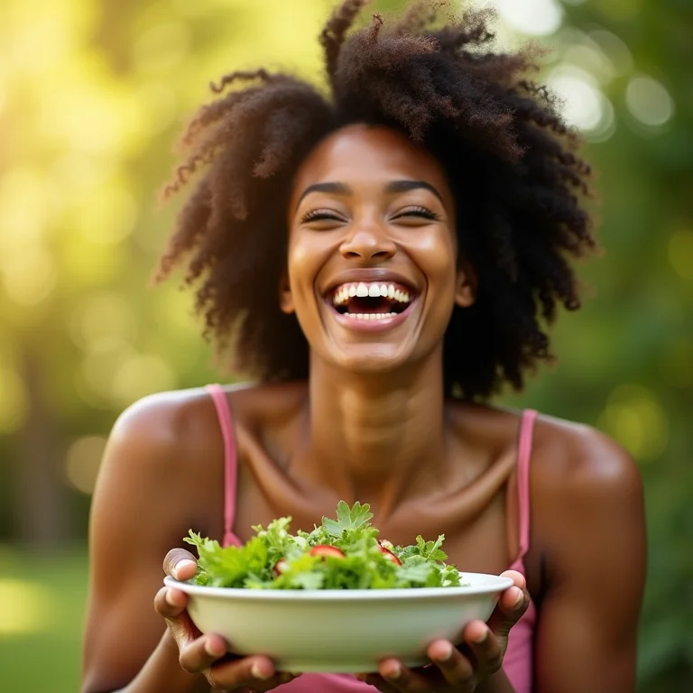Mulher negra sorrindo comendo salada