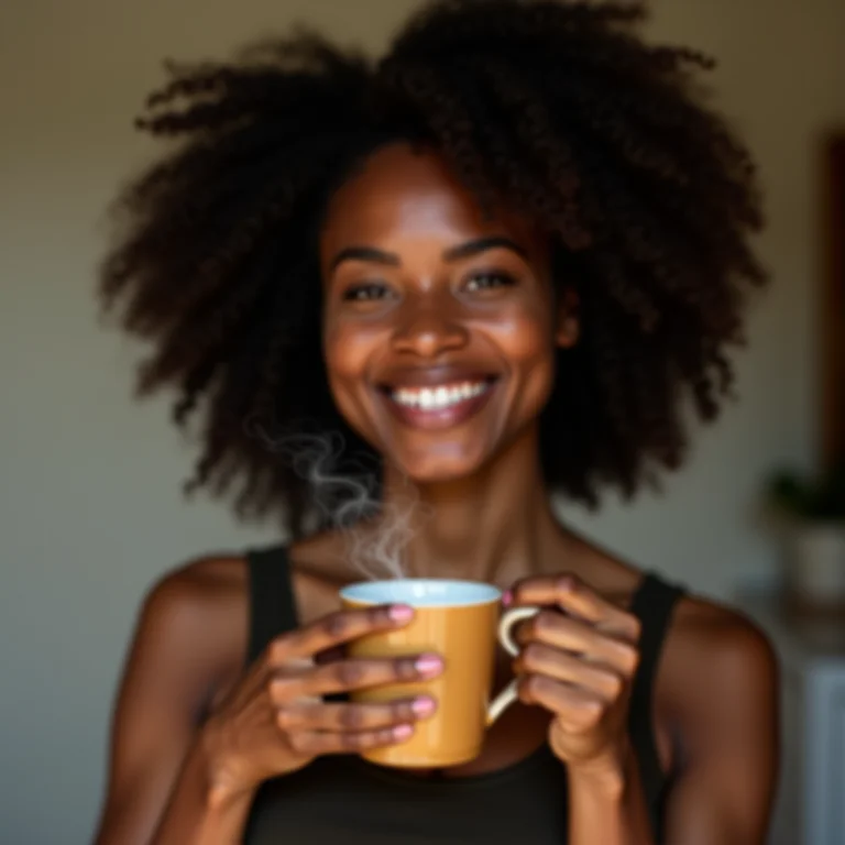 Mulher negra sorrindo e tomando chá preto com ilustração de intestino saudável