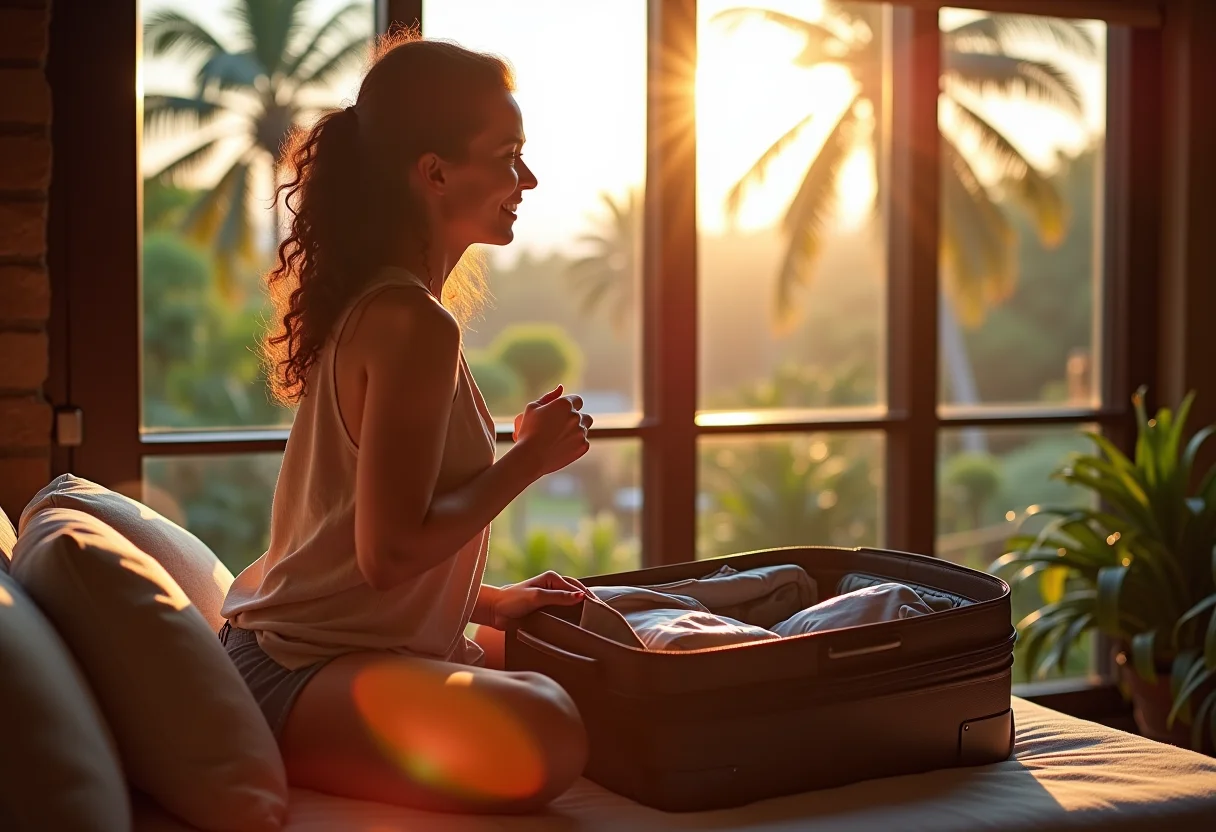 Mulher negra sorrindo enquanto organiza mala de viagem em casa