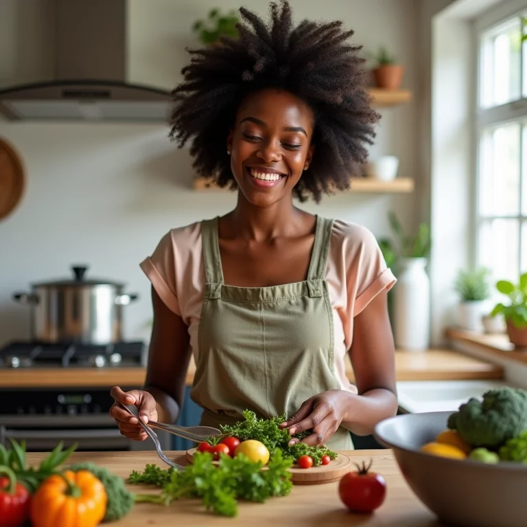 Mulher negra sorrindo enquanto prepara uma refeição saudável na cozinha.
