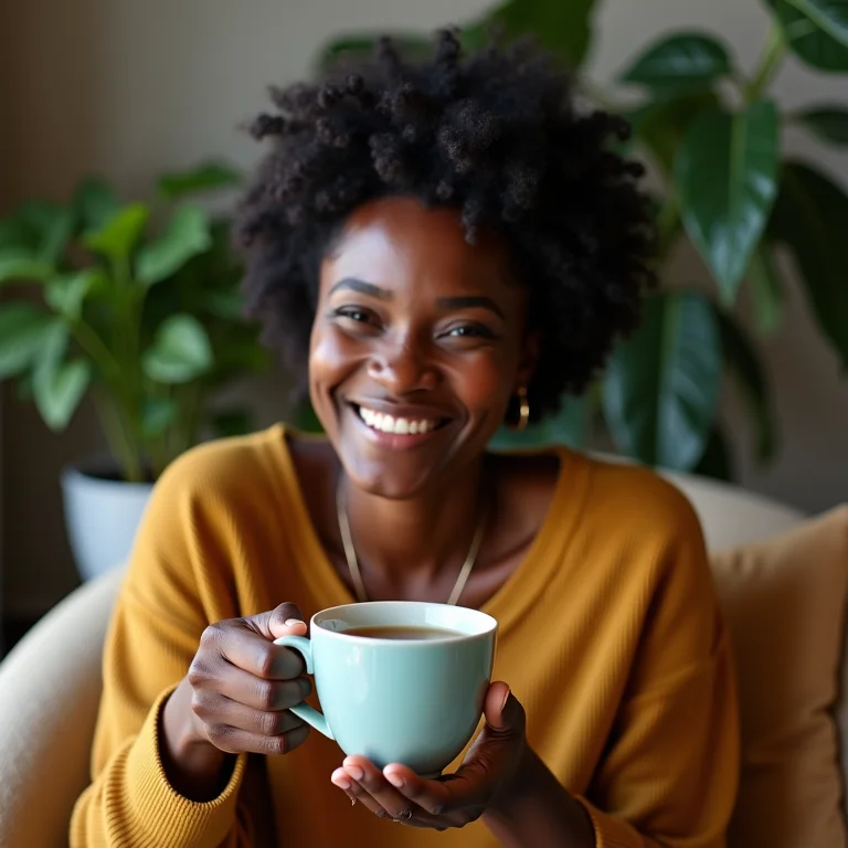 Mulher negra sorrindo enquanto saboreia chá de menta