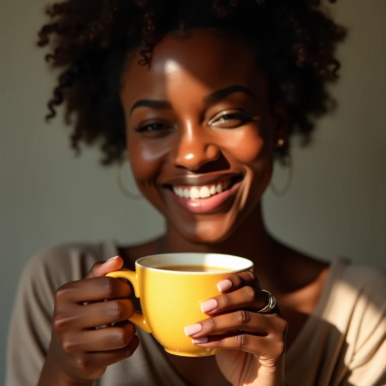 Mulher negra sorrindo enquanto segura uma xícara de chá de caroço de tâmara.