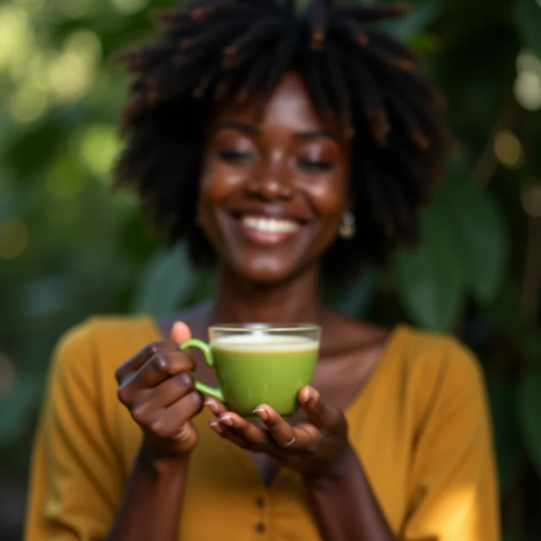 Mulher negra sorrindo enquanto segura uma xícara de chá de folha de goiaba
