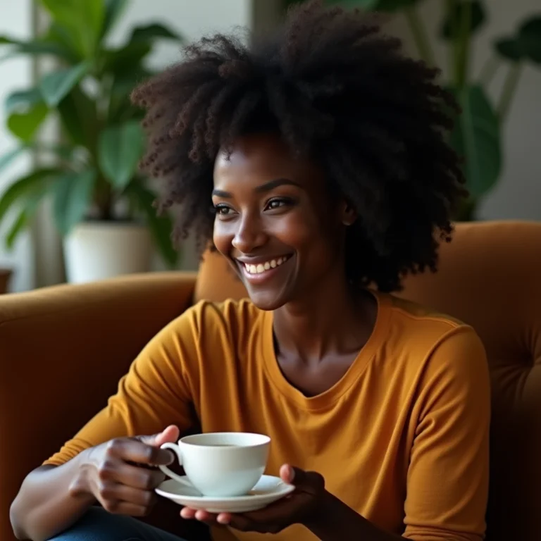 Mulher negra sorrindo enquanto segura uma xícara de chá.