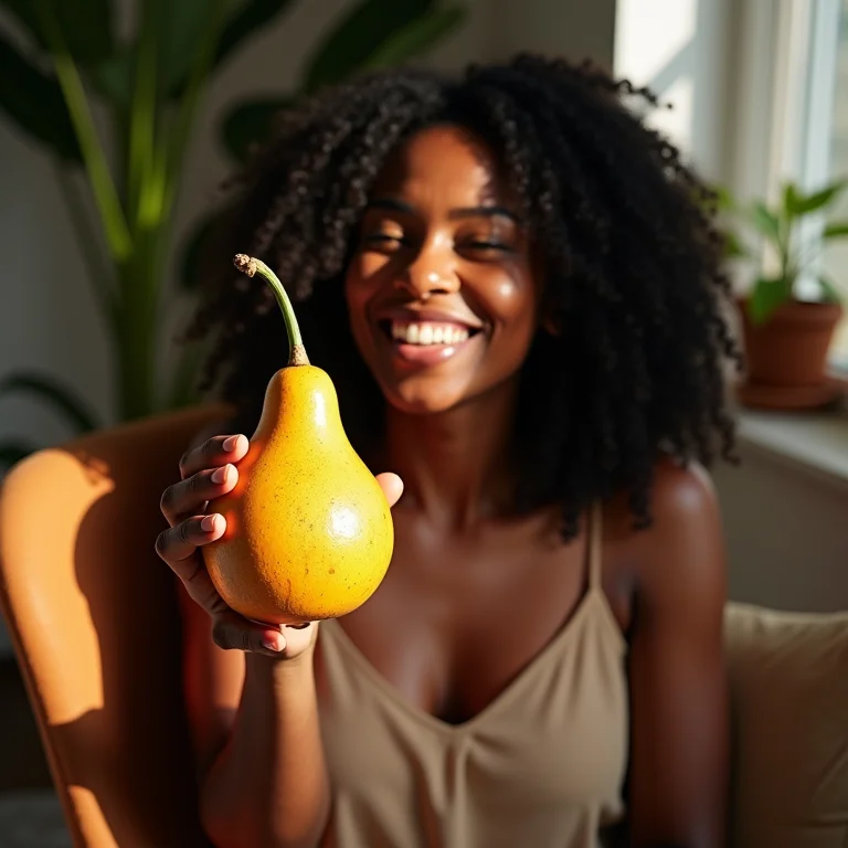 Mulher negra sorrindo enquanto toma chimarrão em poltrona aconchegante.