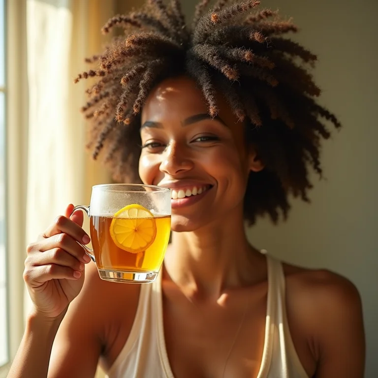 Mulher negra sorrindo tomando chá