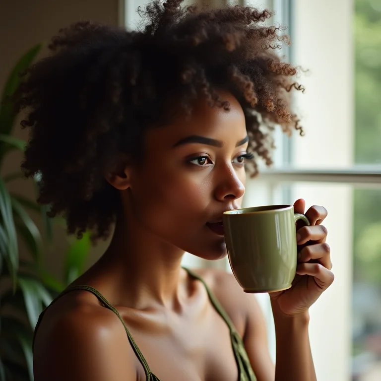 Mulher negra tomando chá de alteia.