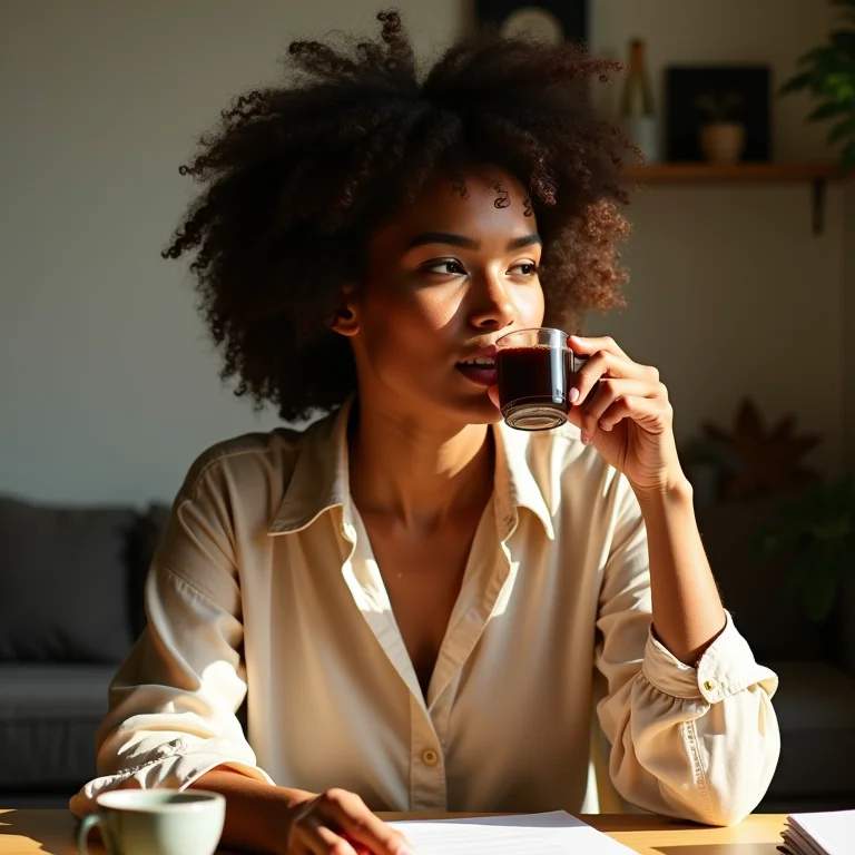 Mulher negra tomando chá preto enquanto trabalha