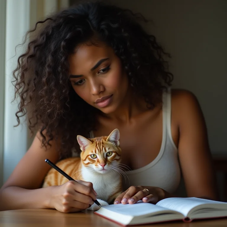 Mulher observando seu gato e anotando em um diário