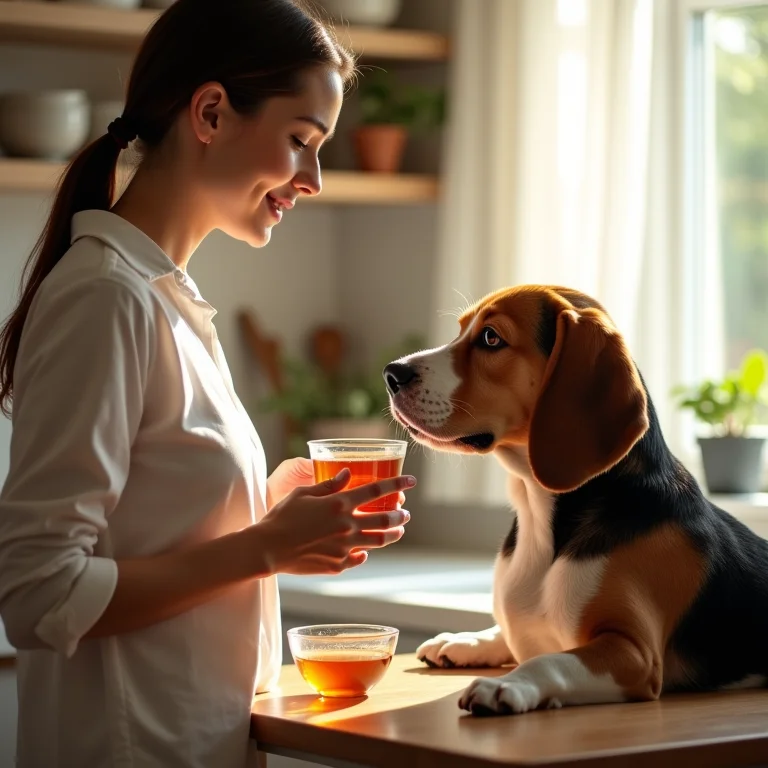Mulher oferece chá de erva doce para seu cão