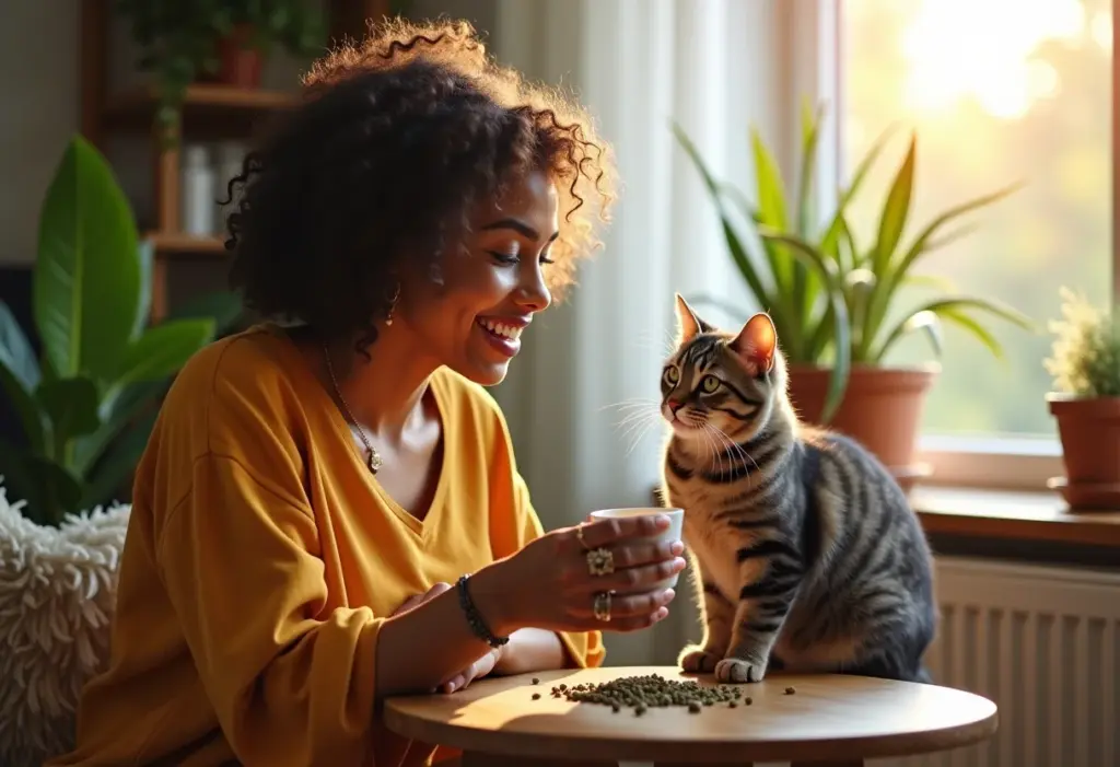 Mulher oferecendo chá de catnip para gato em ambiente iluminado