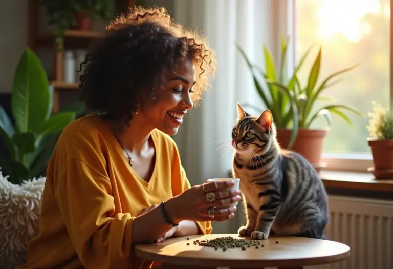 Mulher oferecendo chá de catnip para gato em ambiente iluminado