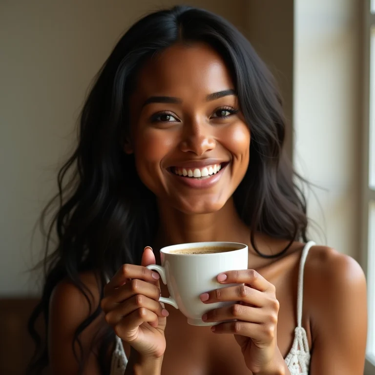 Mulher parda sorrindo confortavelmente ao beber chá de ervas.
