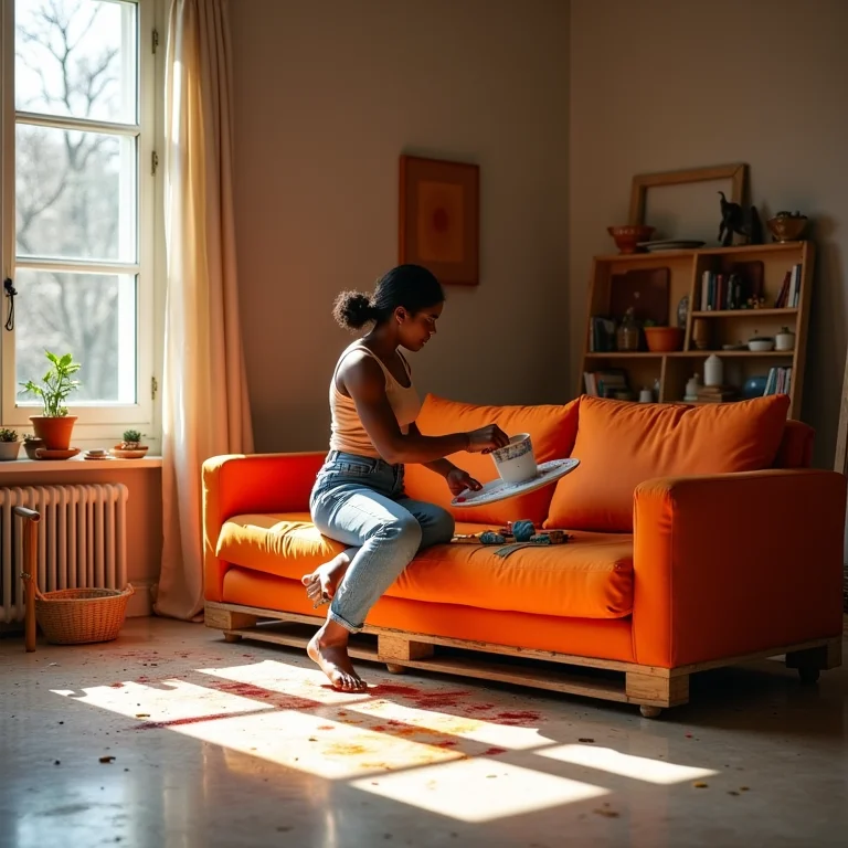 Mulher personalizando sofá de palete com tinta colorida