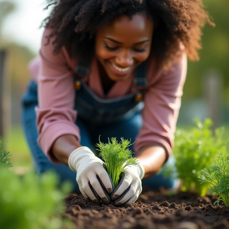 Mulher plantando sementes de endro.