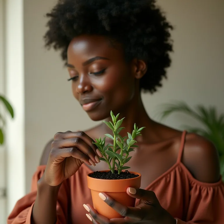Mulher plantando uma muda de arruda com cuidado