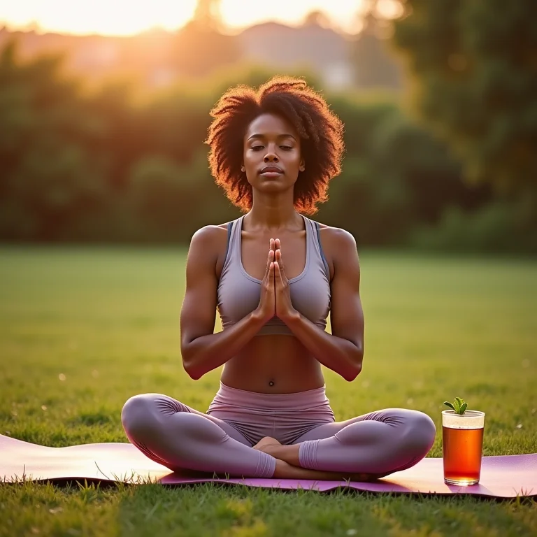 Mulher praticando yoga ao ar livre com chá de hortelã ao lado