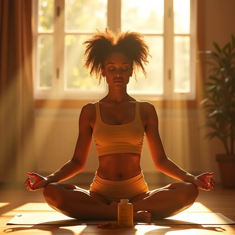 Mulher praticando yoga com suplementos de cúrcuma.