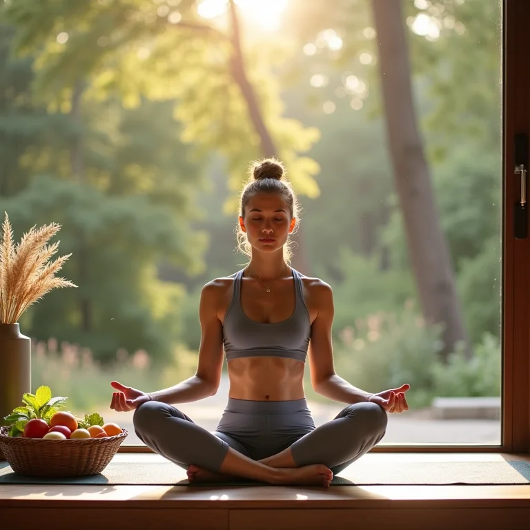 Mulher praticando yoga, preparando uma refeição balanceada, trabalhando em um espaço organizado e em contato com a natureza