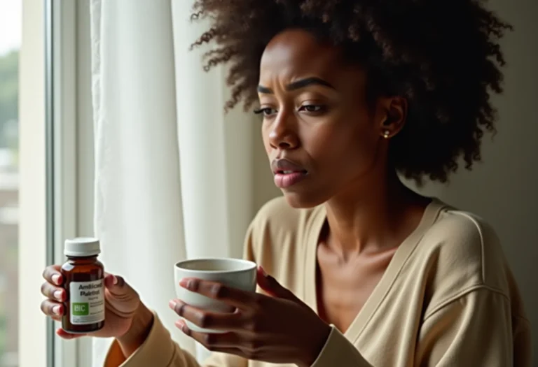 Mulher preocupada com chá e antidepressivos