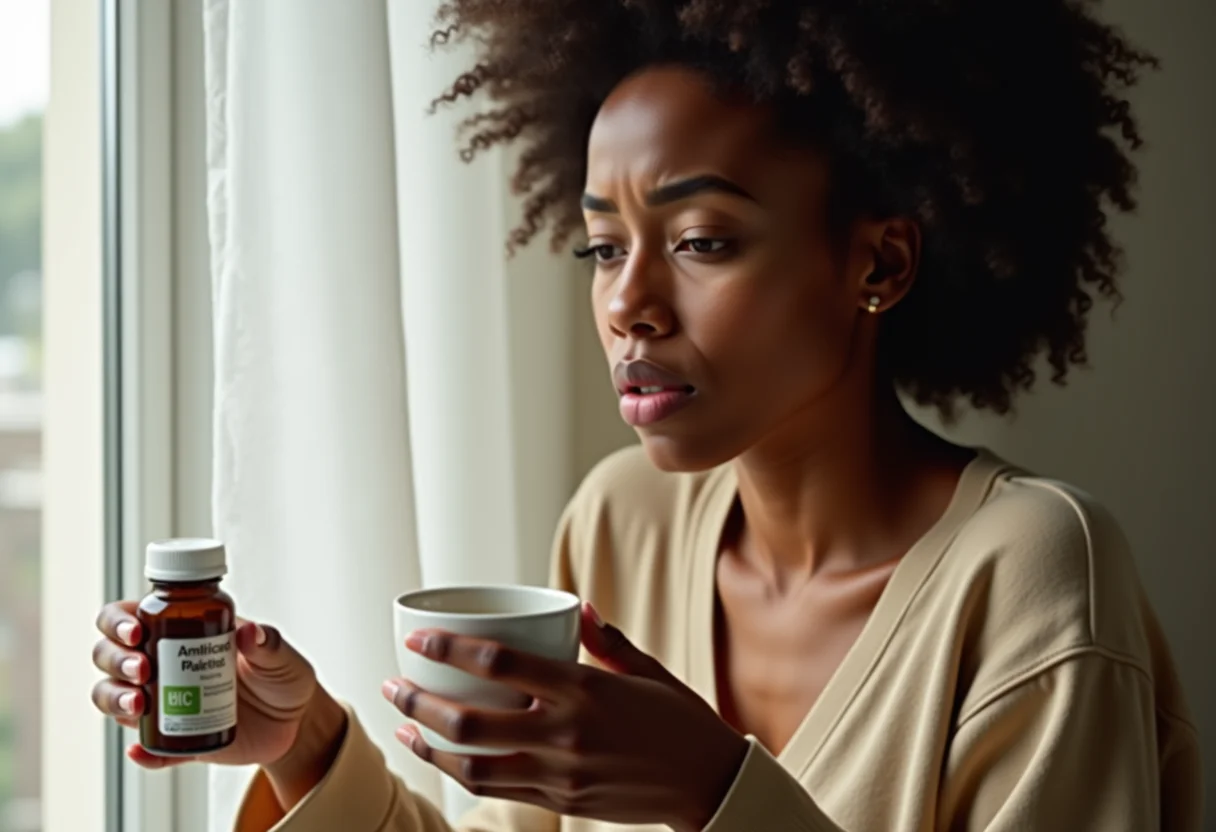 Mulher preocupada com chá e antidepressivos