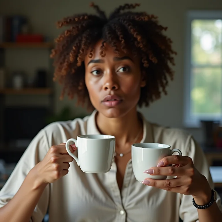 Mulher preocupada com excesso de xícaras de chá.