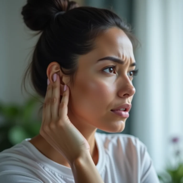 Mulher preocupada com símbolos médicos ao fundo