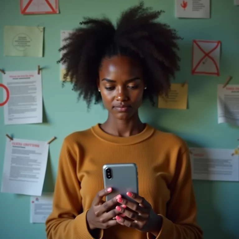 Mulher preocupada olhando para o celular.