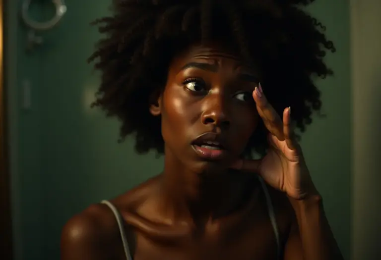 Mulher preocupada segurando o olho após contato com arruda