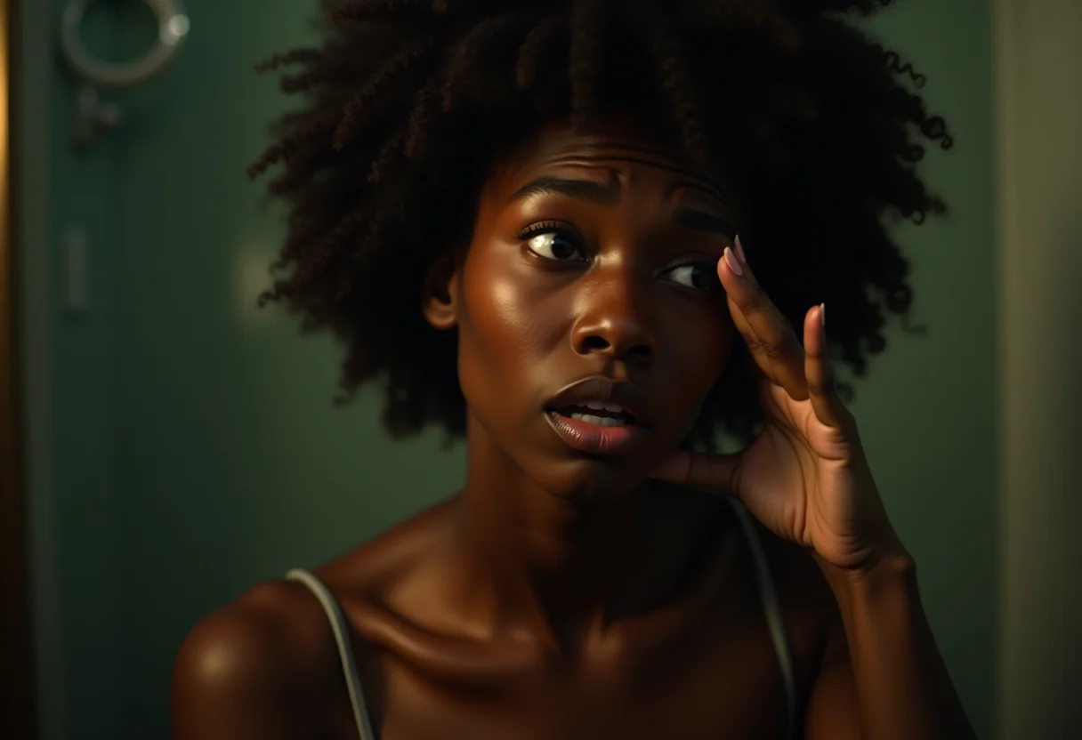 Mulher preocupada segurando o olho após contato com arruda