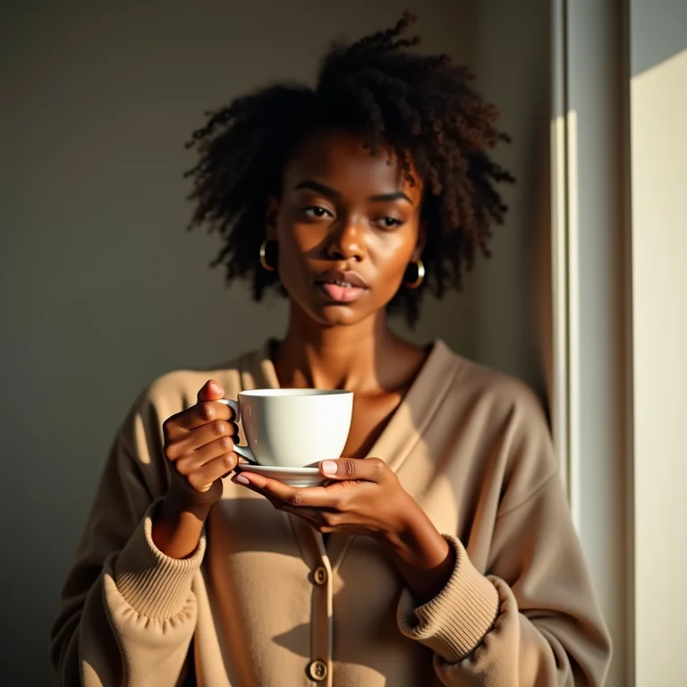 Mulher preocupada segurando uma xícara de chá.