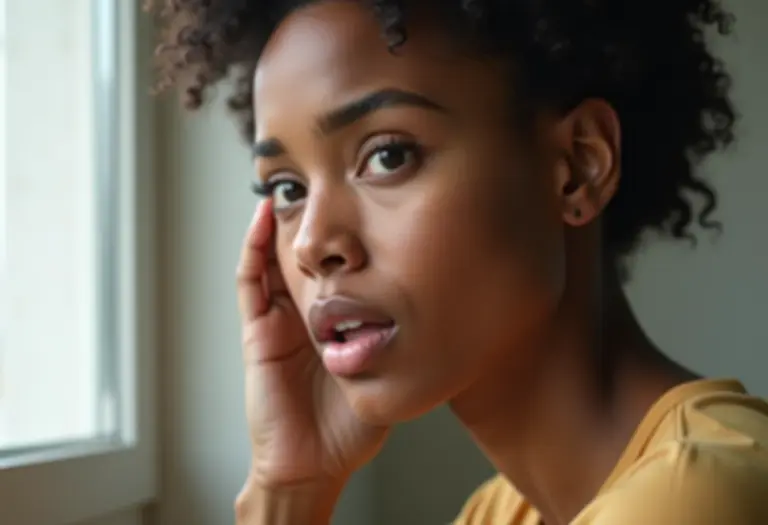 Mulher preocupada tocando a orelha com dor