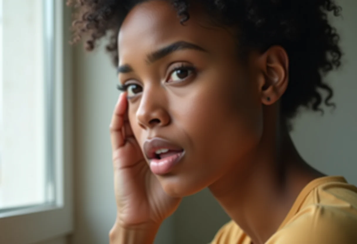 Mulher preocupada tocando a orelha com dor