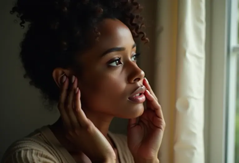 Mulher preocupada tocando o olho, representando os riscos da arruda.