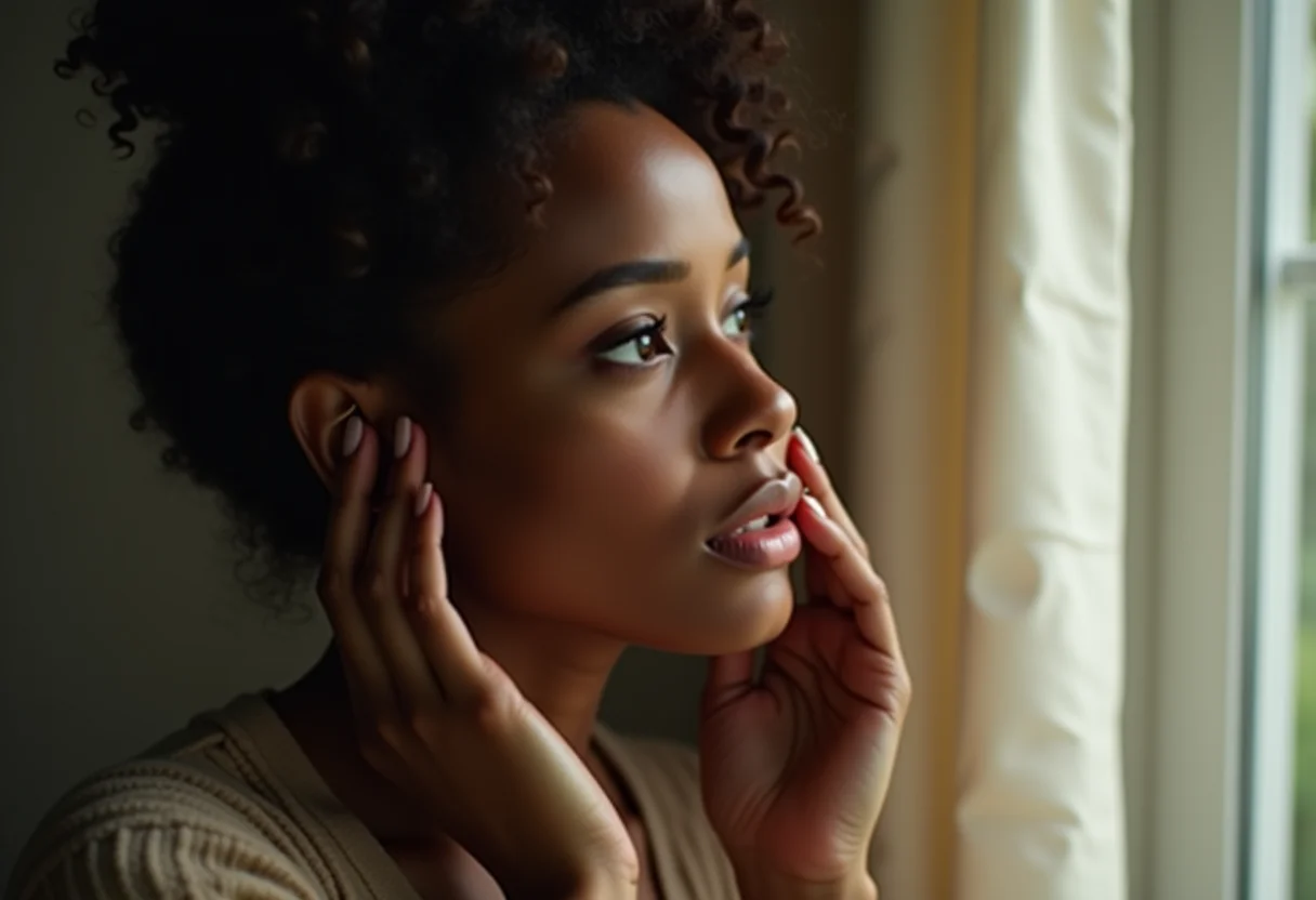 Mulher preocupada tocando o olho, representando os riscos da arruda.
