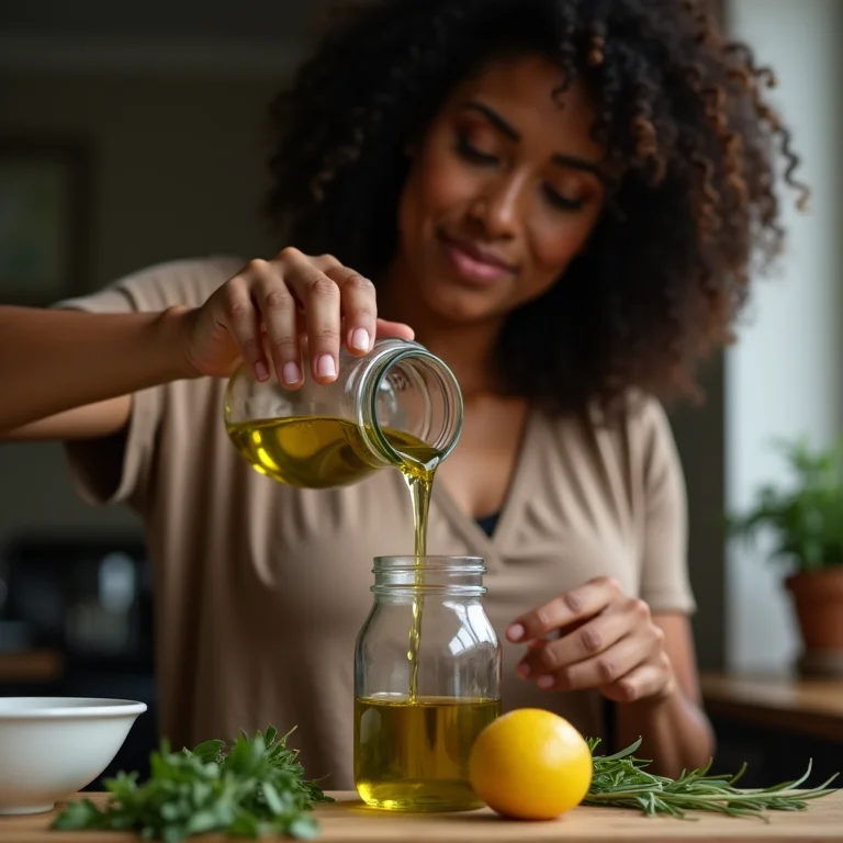 Mulher preparando azeite aromatizado em casa.