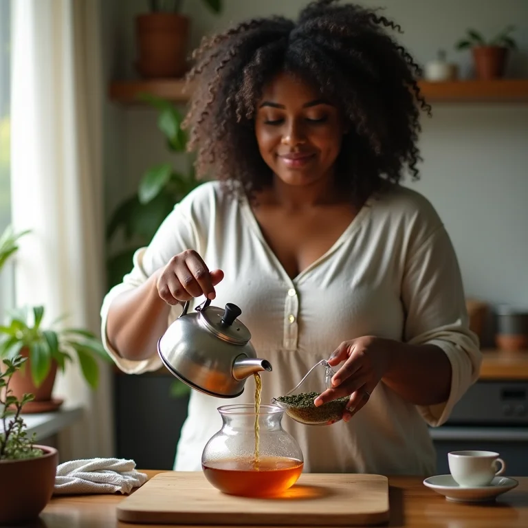 Mulher preparando chá com infusão tradicional.