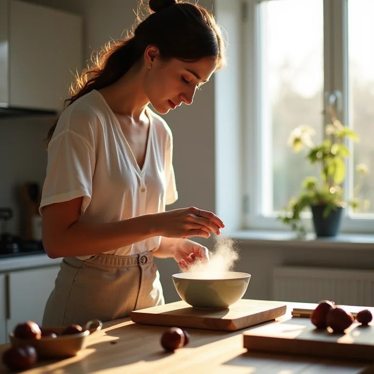 Mulher preparando chá de caroço de tâmara em uma cozinha minimalista.