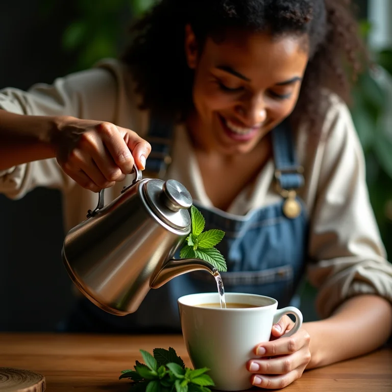 Mulher preparando chá mate com hortelã
