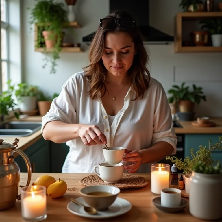 Mulher preparando chá para ritual de autocuidado.