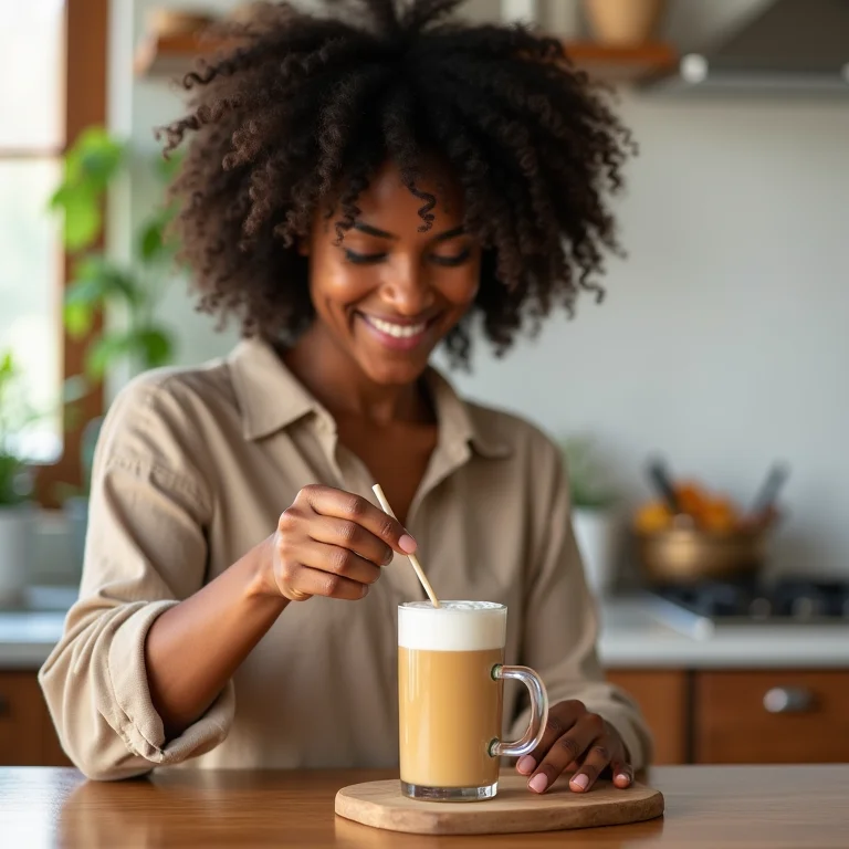 Mulher preparando golden milk latte com açafrão