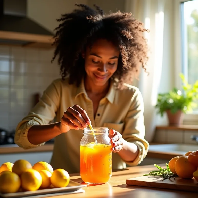 Mulher preparando infusão solar em pote de vidro na cozinha ensolarada.