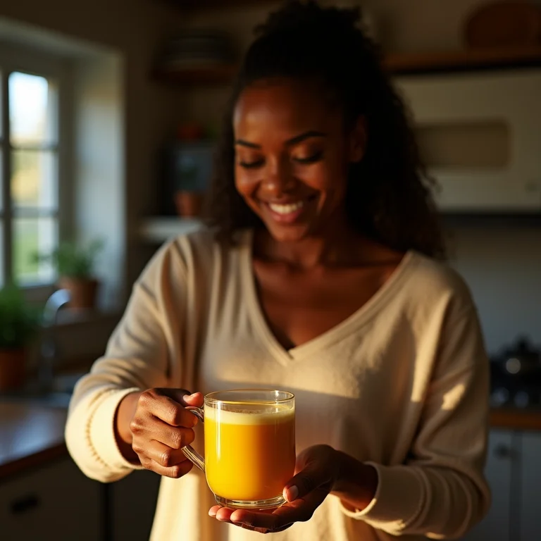 Mulher preparando leite dourado com cúrcuma.