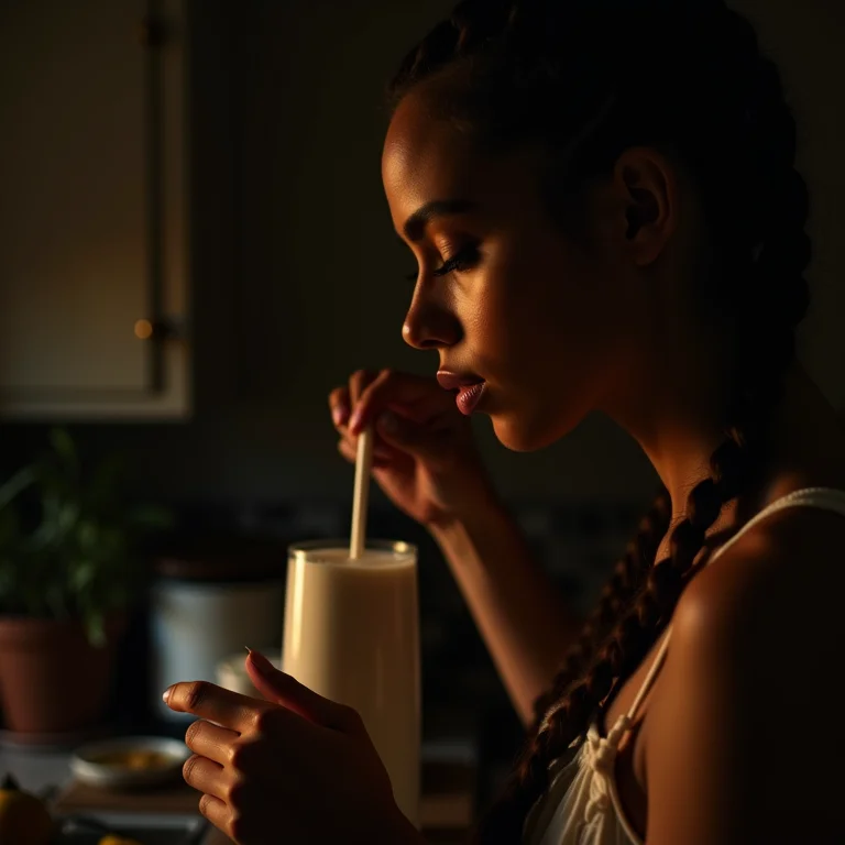 Mulher preparando leite lunar em cozinha aconchegante.