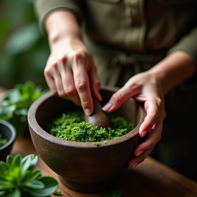 Mulher preparando remédio natural com folhas de arruda