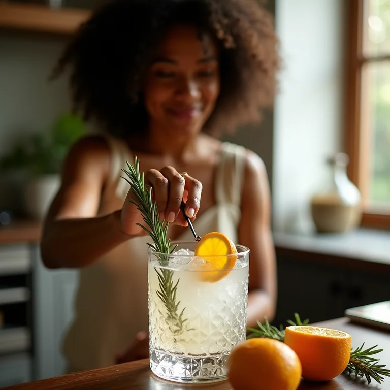 Mulher preparando um coquetel com gin infusionado com alecrim.