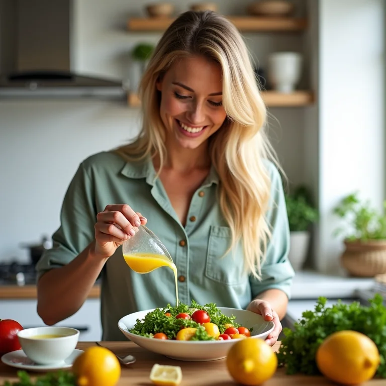 Mulher preparando uma salada saudável com limão