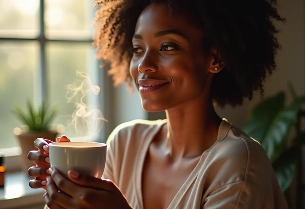 Mulher radiante bebendo chá com óleos essenciais ao redor