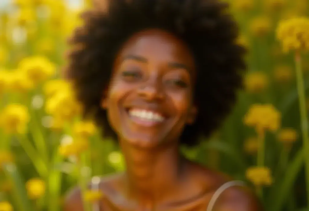 Feno Grego: O segredo natural para turbinar sua saúde (e beleza) Mulher radiante com pele saudável cercada por feno grego.